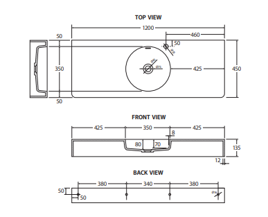 Encanto 1200 Solid Surface Wall Basin, Left-Hand Bowl, No Tap Hole