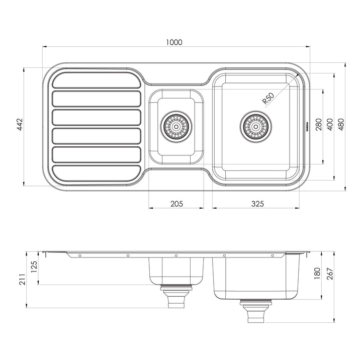 1000 Series 1-1/3 Bowl Sink W/-Drainer No Hole