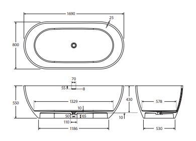Luciana Solid Surface Bath, Matte Black, 1690mm