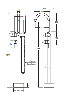 Kaya Floor Mounted Bath Mixer With Hand Shower, Gun Metal