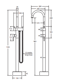 Kaya Floor Mounted Bath Mixer With Hand Shower, Brushed Copper