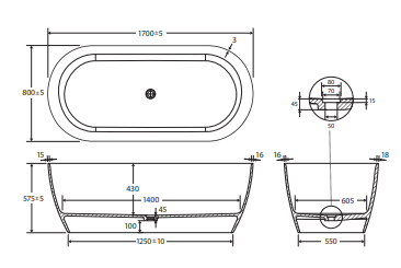 Kaya Solid Surface Bath, 1700mm