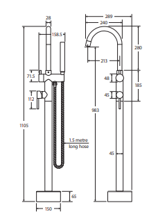Kaya Floor Mounted Bath Mixer With Hand Shower, Brushed Nickel