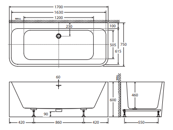 Delta Back-To-Wall Acrylic Bath with Overflow, 1700mm
