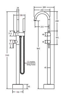 Kaya Floor Mounted Bath Mixer With Hand Shower, Matte Black