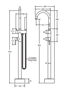 Kaya Floor Mounted Bath Mixer With Hand Shower, Chrome
