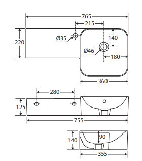 RAK Petit Square Wall Basin, Left Edge, 1 Tap Hole