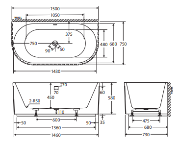 Eleanor Back-To-Wall Acrylic Bath with Overflow, 1500mm