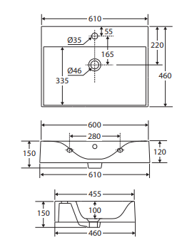 RAK Des 61 Wall Basin, 1 Tap Hole