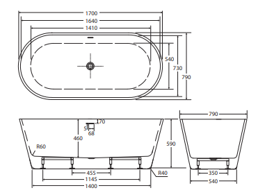 Austin Freestanding Acrylic Bath with Overflow, 1700mm