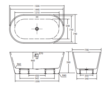 Austin Freestanding Acrylic Bath with Overflow, 1500mm