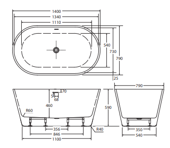 Austin Freestanding Acrylic Bath with Overflow, 1400mm