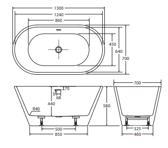 Austin Freestanding Acrylic Bath with Overflow, 1300mm