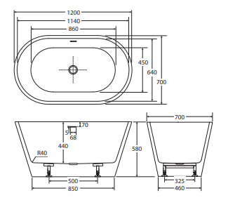 Austin Freestanding Acrylic Bath with Overflow, 1200mm