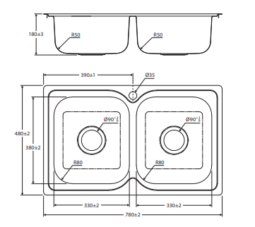 Tiva 780 Double Kitchen Sink, No Tap Hole