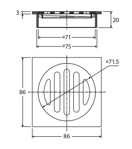Square Floor Waste, Round Grate, 80mm Outlet