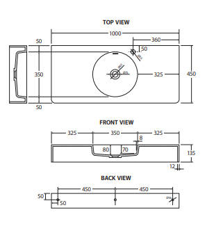 Encanto 1000 Solid Surface Wall Basin, No Tap Hole