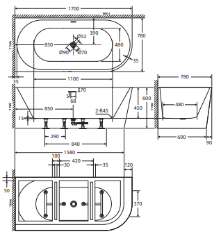 Isabella Right-Hand Acrylic Corner Bath with Overflow, Matte White, 1700mm