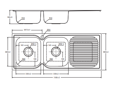 Tiva 1180 Double Kitchen Sink with Drainer, Right Bowl
