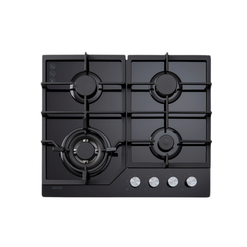 60cm 4 Burner Gas Cooktop + Wok + Flame Failure + Cast Iron Trivets + Black Glass | Pilbara Bathroom Warehouse - Perth, Western Australia