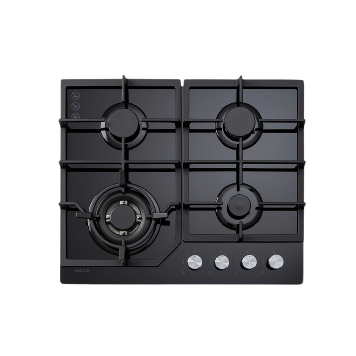60cm 4 Burner Gas Cooktop + Wok + Flame Failure + Cast Iron Trivets + Black Glass | Pilbara Bathroom Warehouse - Perth, Western Australia