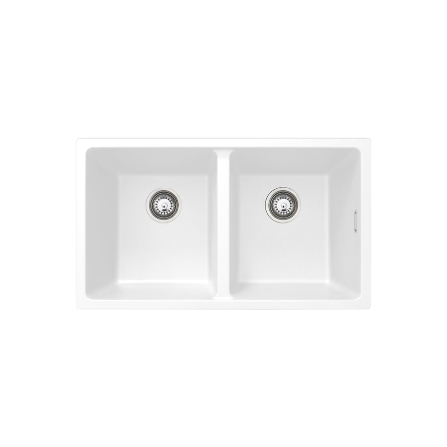 Kuro Granite 34L/34L Double Bowl Kitchen Sink – Matte White | Pilbara Bathroom Warehouse Perth and regional Western Australia