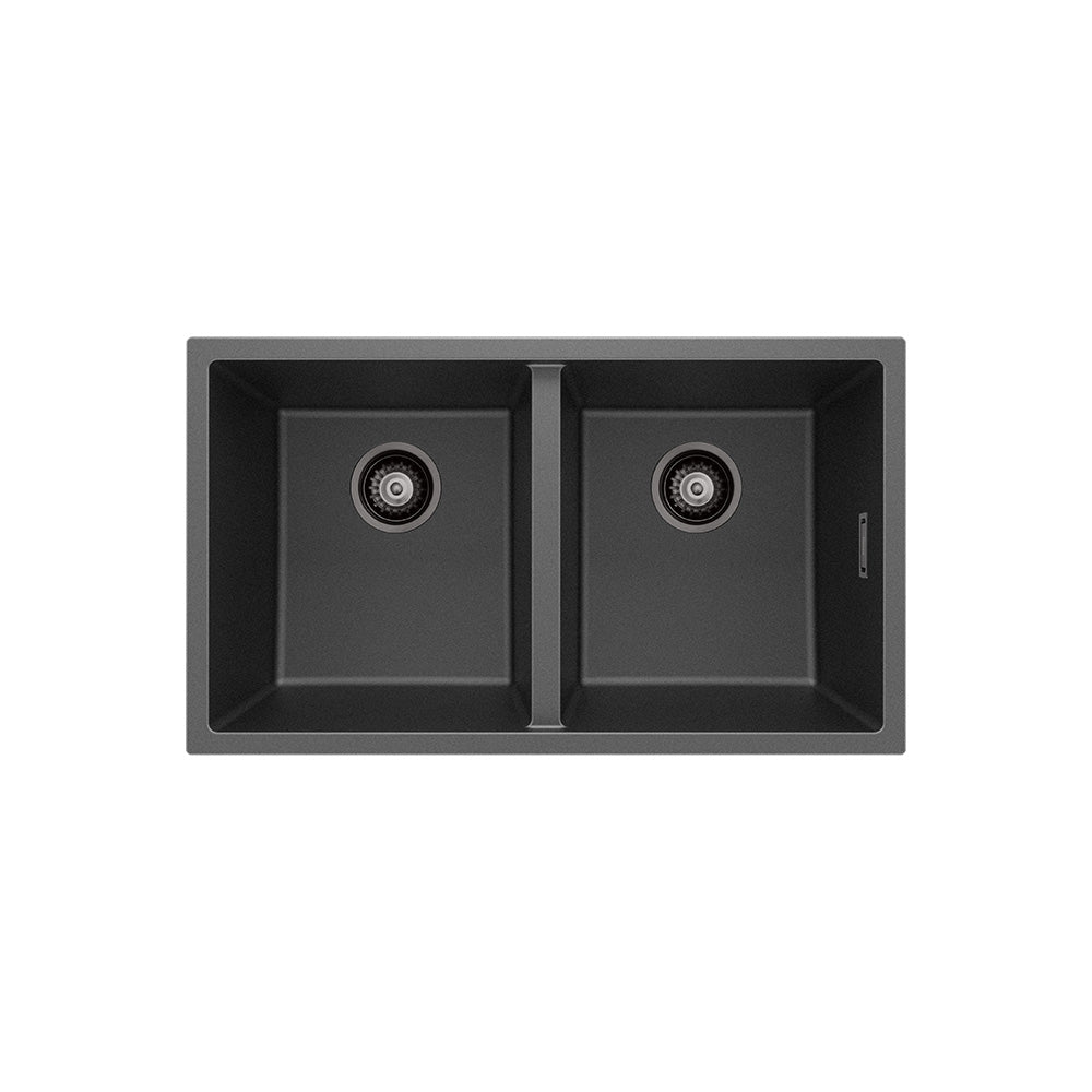 Kuro Granite 34L/34L Double Bowl Kitchen Sink – Matte Black | Pilbara Bathroom Warehouse Perth and regional Western Australia