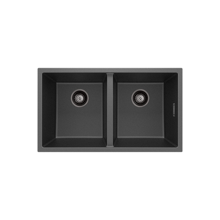 Kuro Granite 34L/34L Double Bowl Kitchen Sink – Matte Black | Pilbara Bathroom Warehouse Perth and regional Western Australia