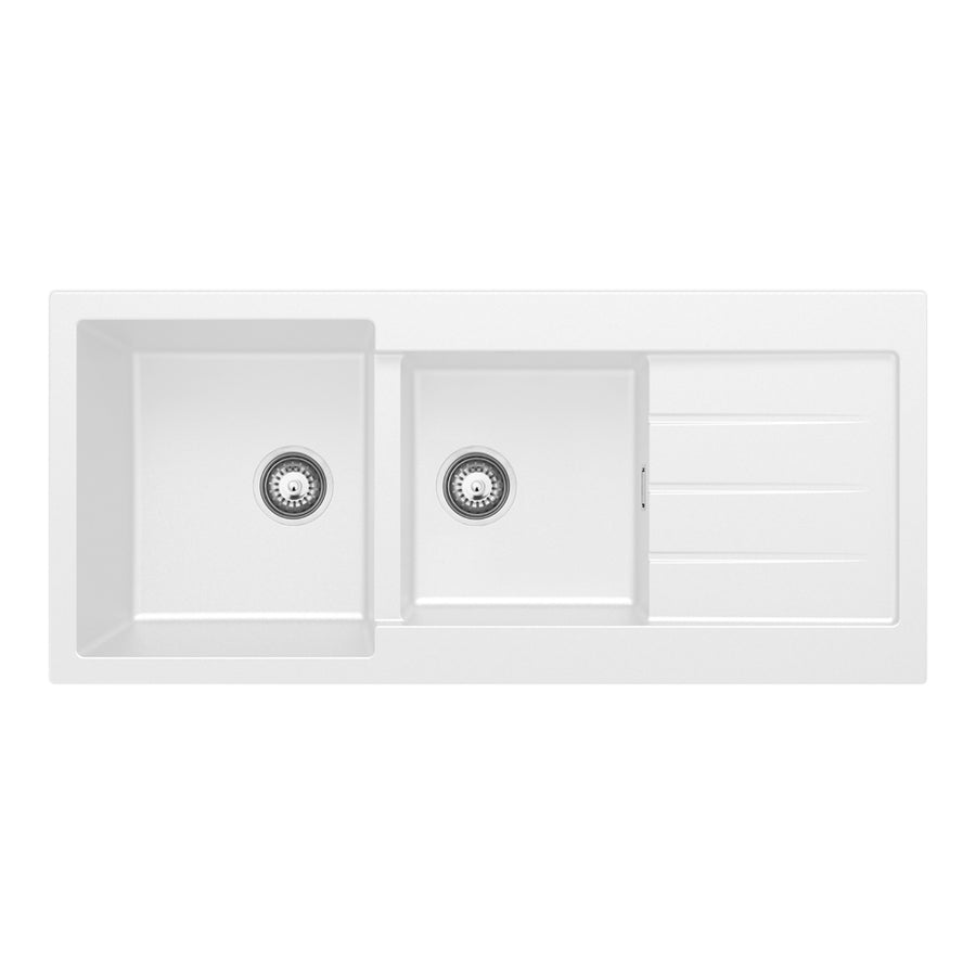 Kuro Granite 32L/22L Double Kitchen Sink with Drainer – Matte White | Pilbara Bathroom Warehouse Perth and regional Western Australia