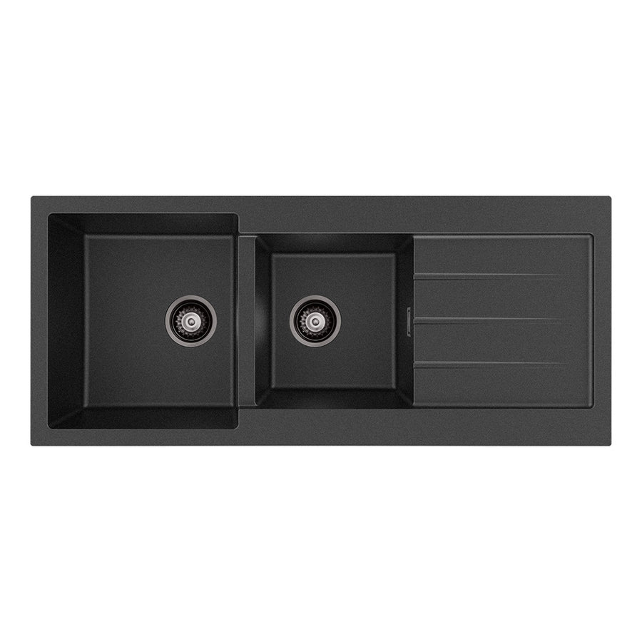 Kuro Granite 32L/22L Double Kitchen Sink with Drainer – Matte Black | Pilbara Bathroom Warehouse Perth and regional Western Australia