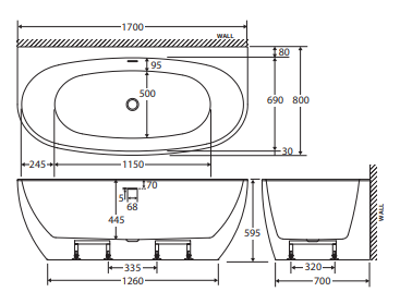 Keeto Back-To-Wall Acrylic Bath with Overflow, 1700mm
