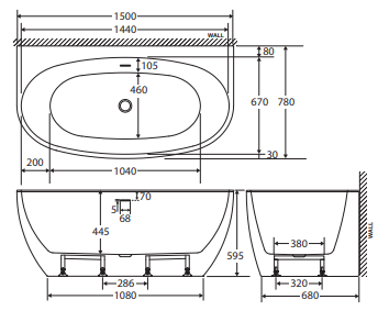 Keeto Back-To-Wall Acrylic Bath with Overflow, 1500mm