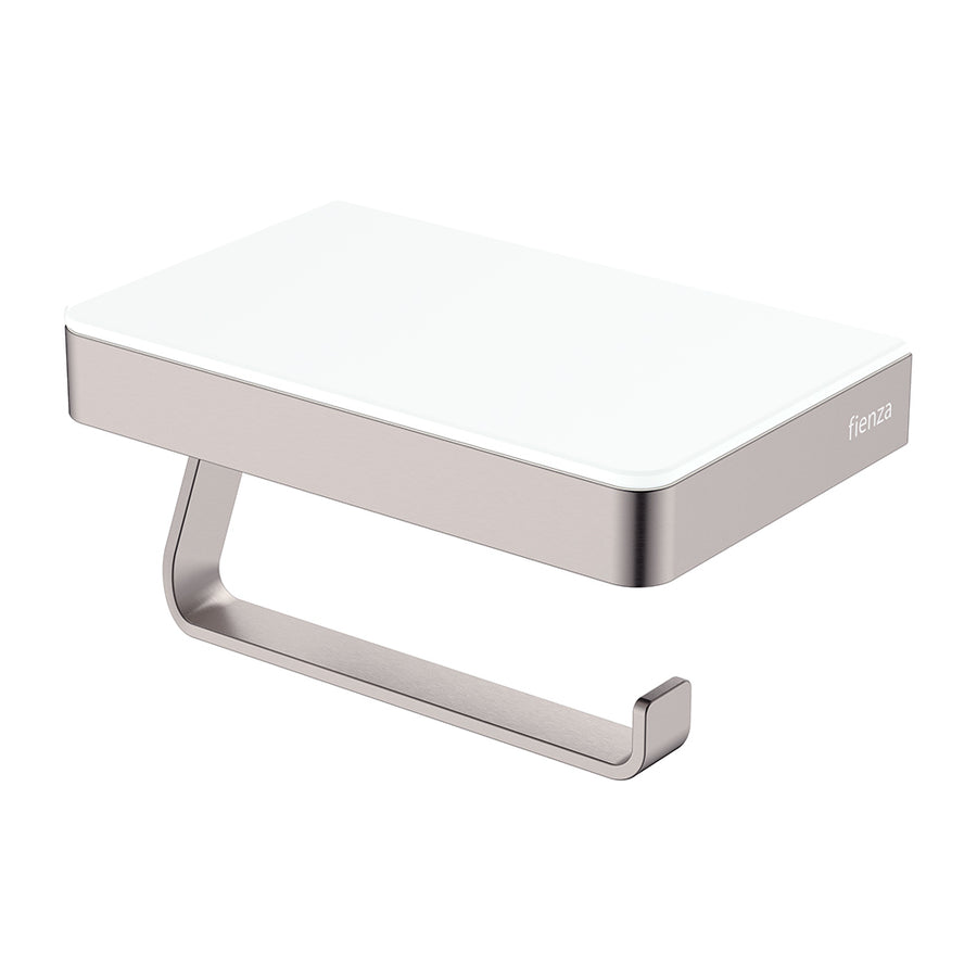 Tono Toilet Roll Holder with Glass Shelf, Brushed Nickel – Pilbara Bathroom Warehouse Perth and regional Western Australia