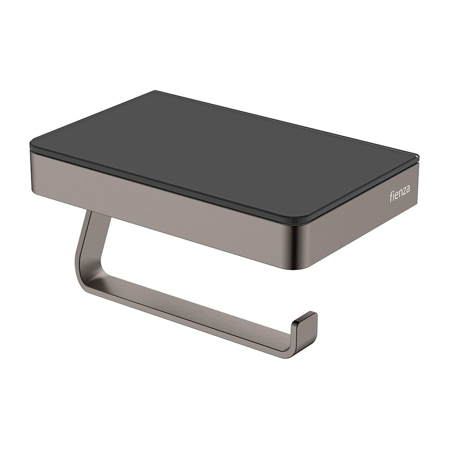 Tono Toilet Roll Holder with Glass Shelf, Gun Metal – Pilbara Bathroom Warehouse Perth and regional Western Australia