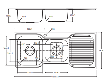 Tiva 1080 1.75 Kitchen Sink with Drainer, Left Bowl