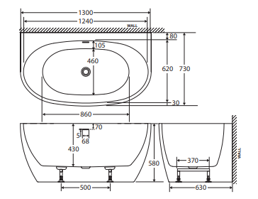Keeto Back-To-Wall Acrylic Bath with Overflow, 1300mm