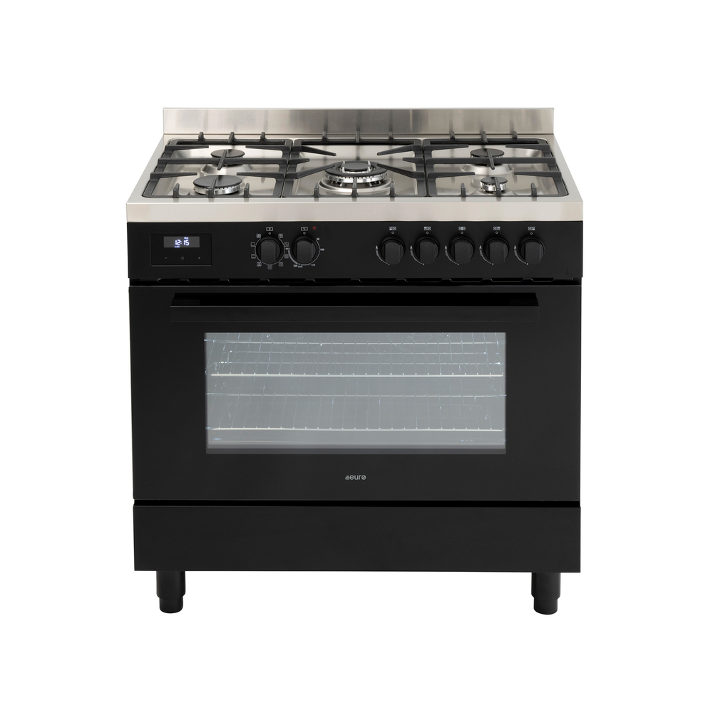 90cm Freestanding Cooker, 8 Function Electric Twin Fan Oven , 5 Burner Gas Cooktop Central Wok, Large 109ltr gross capacity LED Clock bottom storage | Pilbara Bathroom Warehouse - Perth, Western Australia