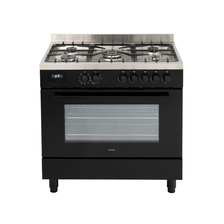 90cm Freestanding Cooker, 8 Function Electric Twin Fan Oven , 5 Burner Gas Cooktop Central Wok, Large 109ltr gross capacity LED Clock bottom storage | Pilbara Bathroom Warehouse - Perth, Western Australia