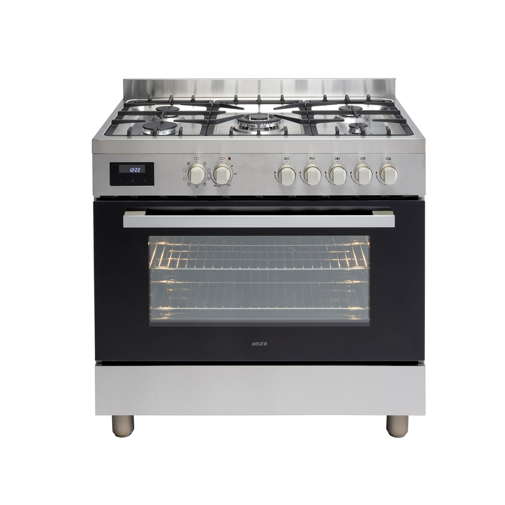 90cm Freestanding Cooker, 8 Function Electric twin fan Oven, 5 Burner Gas cooktop Central Wok, Large 109ltr gross capacity LED Clock bottom storage . | Pilbara Bathroom Warehouse - Perth, Western Australia