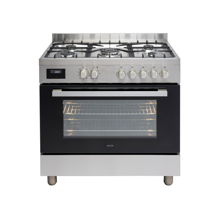 90cm Freestanding Cooker, 8 Function Electric twin fan Oven, 5 Burner Gas cooktop Central Wok, Large 109ltr gross capacity LED Clock bottom storage . | Pilbara Bathroom Warehouse - Perth, Western Australia