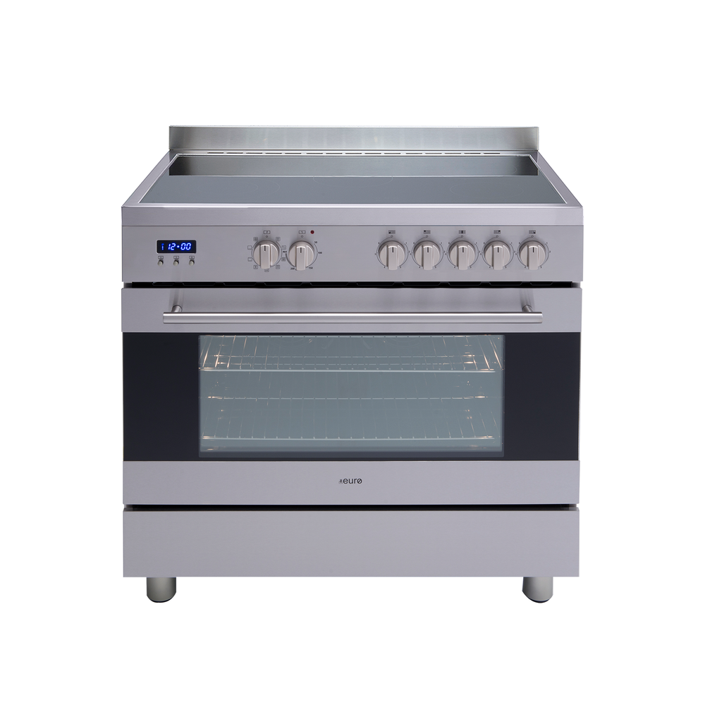 90cm Freestanding Oven, 8 Function Elec Twin Fan Oven, 7 Zone Ceran Glass Electric Cooktop, Large 109L Gross, LED Clock, Bottom Storage | Pilbara Bathroom Warehouse - Perth, Western Australia