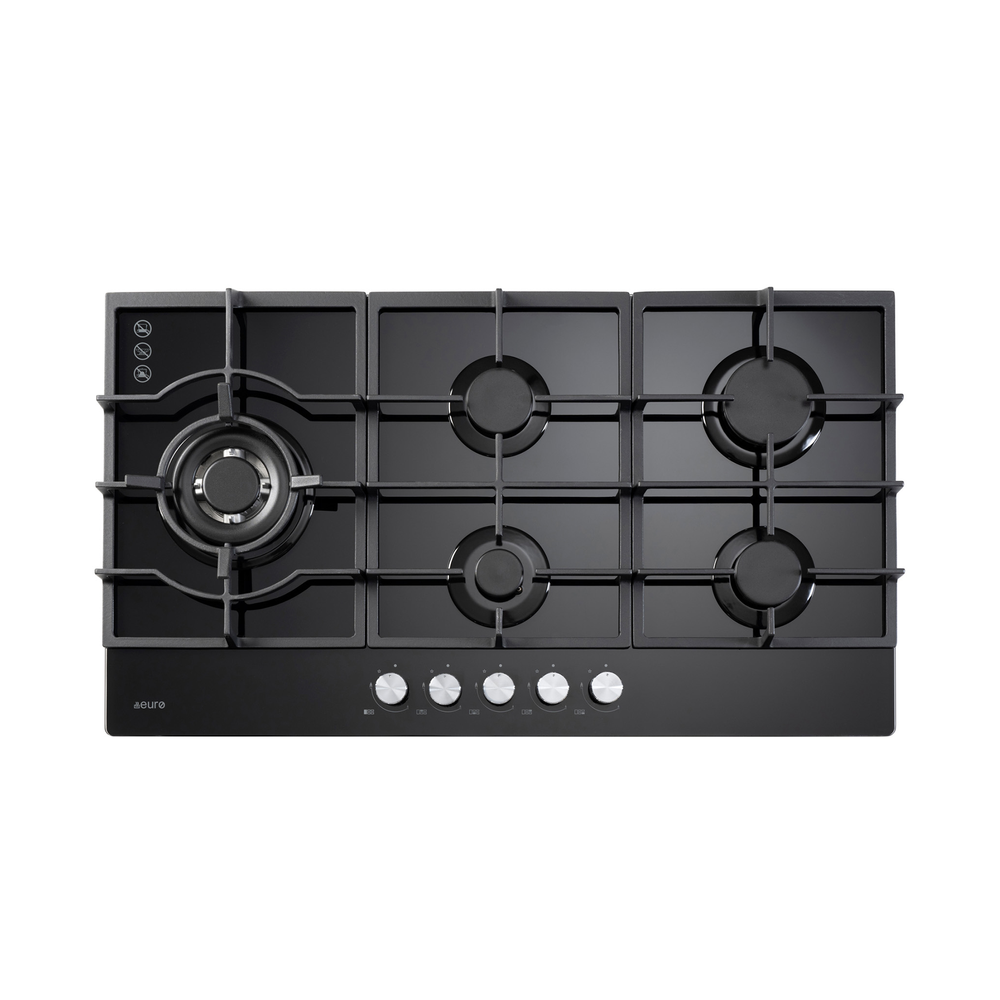 90cm 5 Burner Gas Cooktop Left Wok + Flame device + Cast Iron trivets+ Black Glass | Pilbara Bathroom Warehouse - Perth, Western Australia
