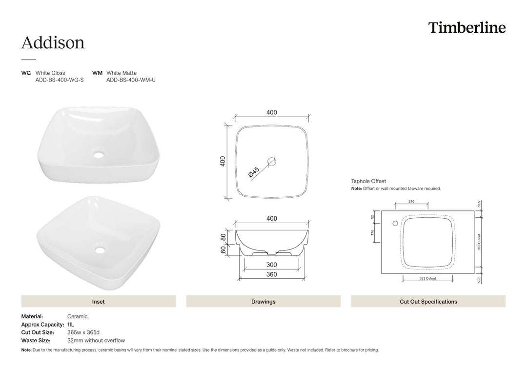 Addison Basin 400mm White Matt Spec Sheet