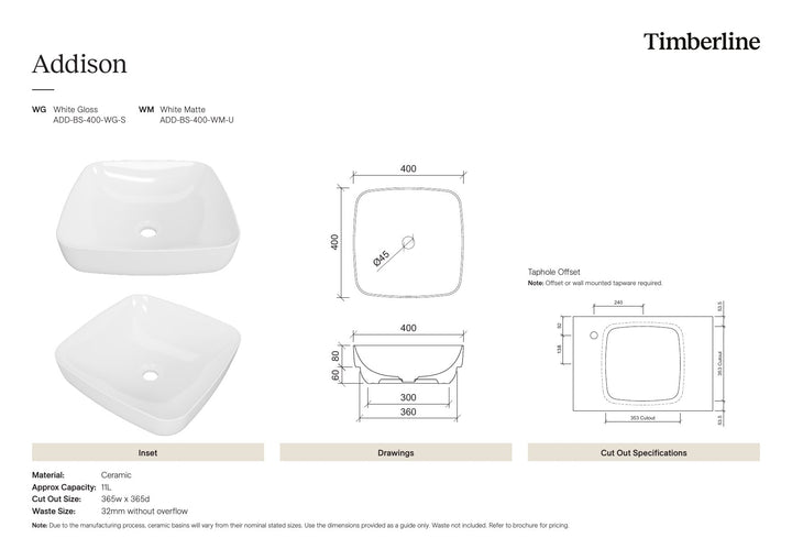 Addison Basin 400mm White Matt Spec Sheet