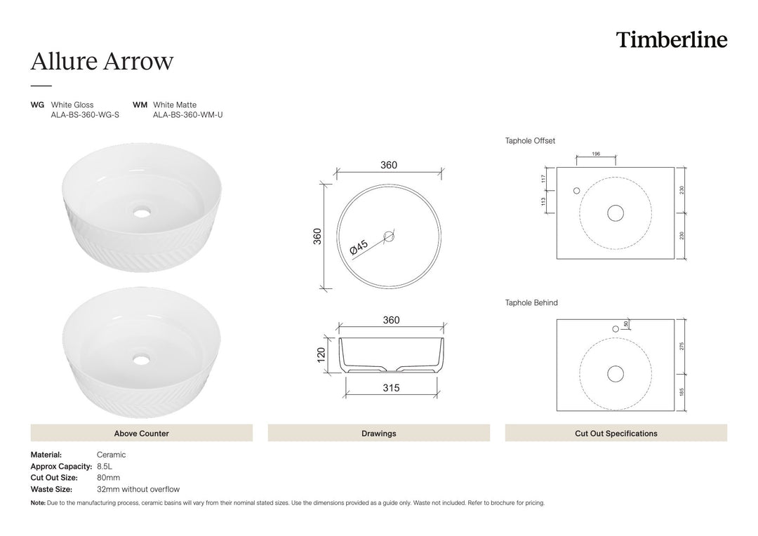 Allure Arrow Basin 360mm White Matt Spec Sheet