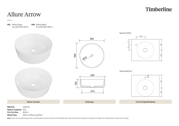 Allure Arrow Basin 360mm White Matt Spec Sheet