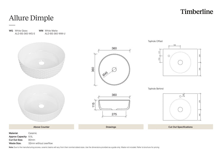 Allure Dimple Basin 360mm White Matt Spec Sheet