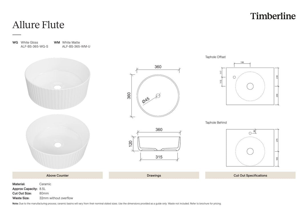 Allure Flute Basin 365mm White Matt Spec Sheet