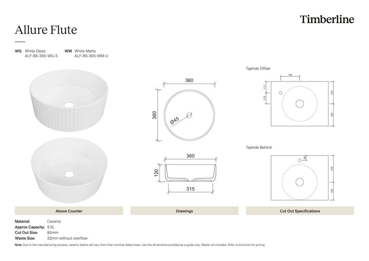 Allure Flute Basin 365mm White Matt Spec Sheet