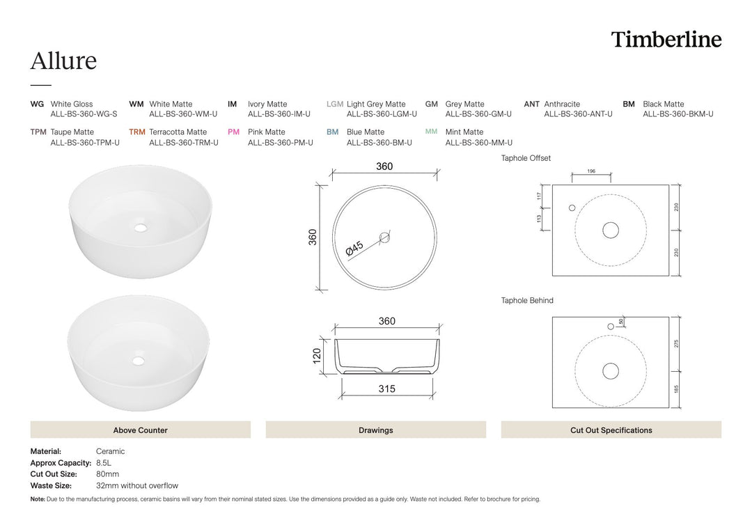 Allure Basin 360mm Ivory Matt Spec Sheet